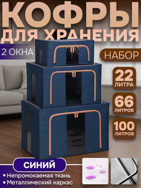 Набор Кофров АЛИ ЧАЙНА, Тканевых, 2 Окна, 3 размера (Синий, 22-66-100 л.)